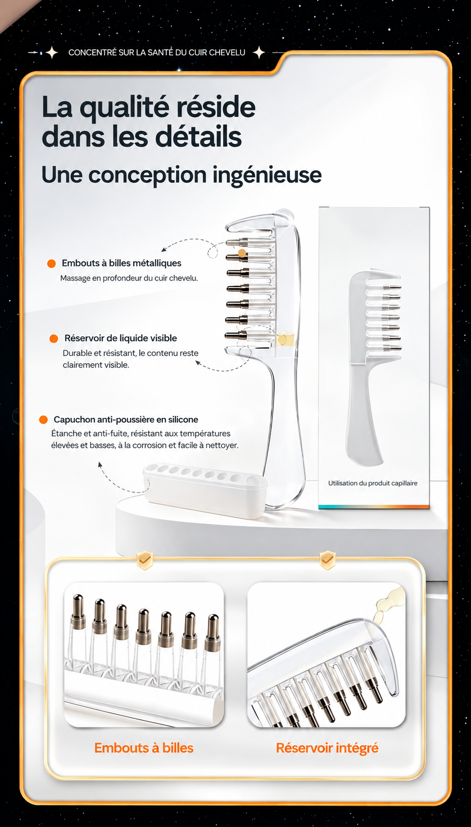 Détails techniques du peigne applicateur d'huile Racelya : embouts à billes métalliques, réservoir visible, capuchon anti-poussière en silicone