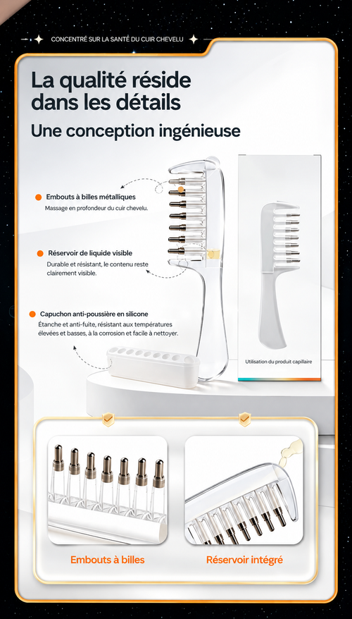 Détails techniques du peigne applicateur d'huile Racelya : embouts à billes métalliques, réservoir visible, capuchon anti-poussière en silicone